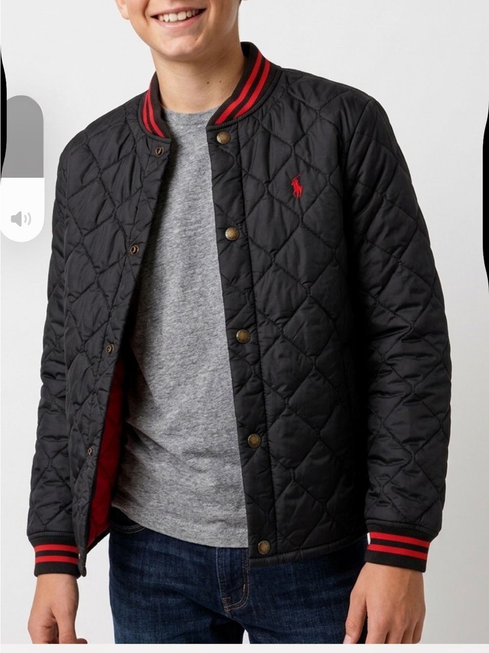 Polo by Ralph Lauren Black Quilted Bomber with Red Stripe Trim Unisex